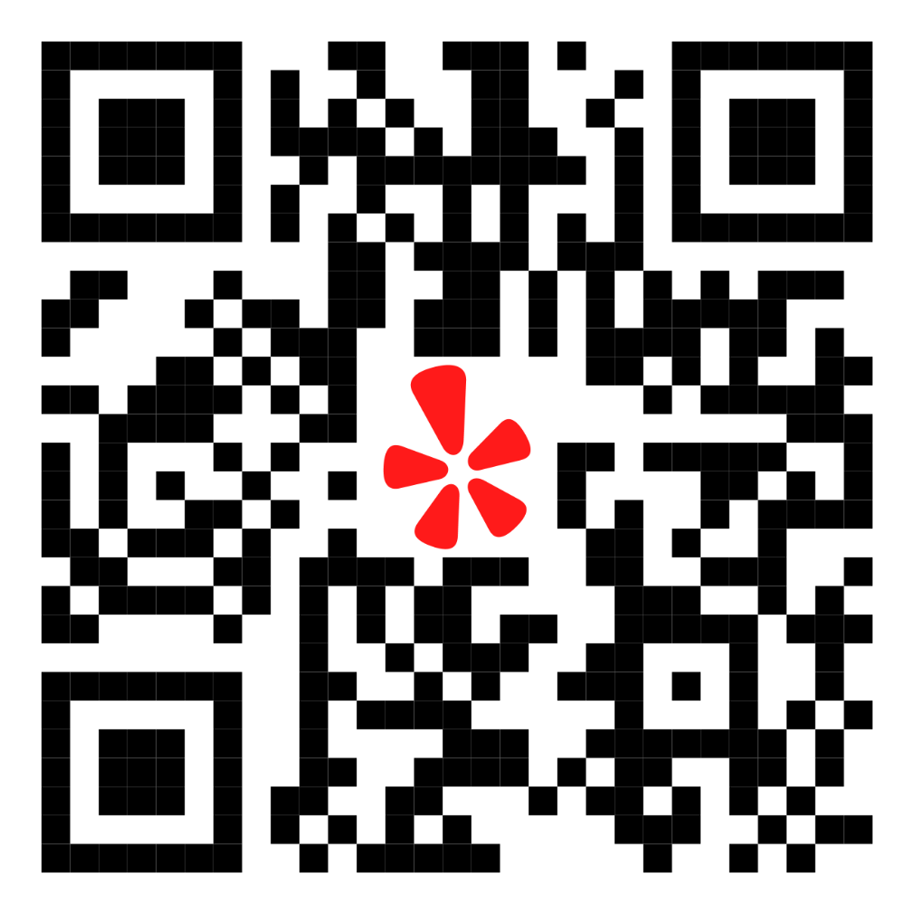 Stylized black QR code with red starburst center