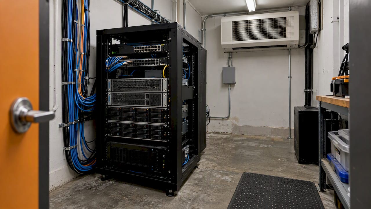 Small business server rack in equipment room