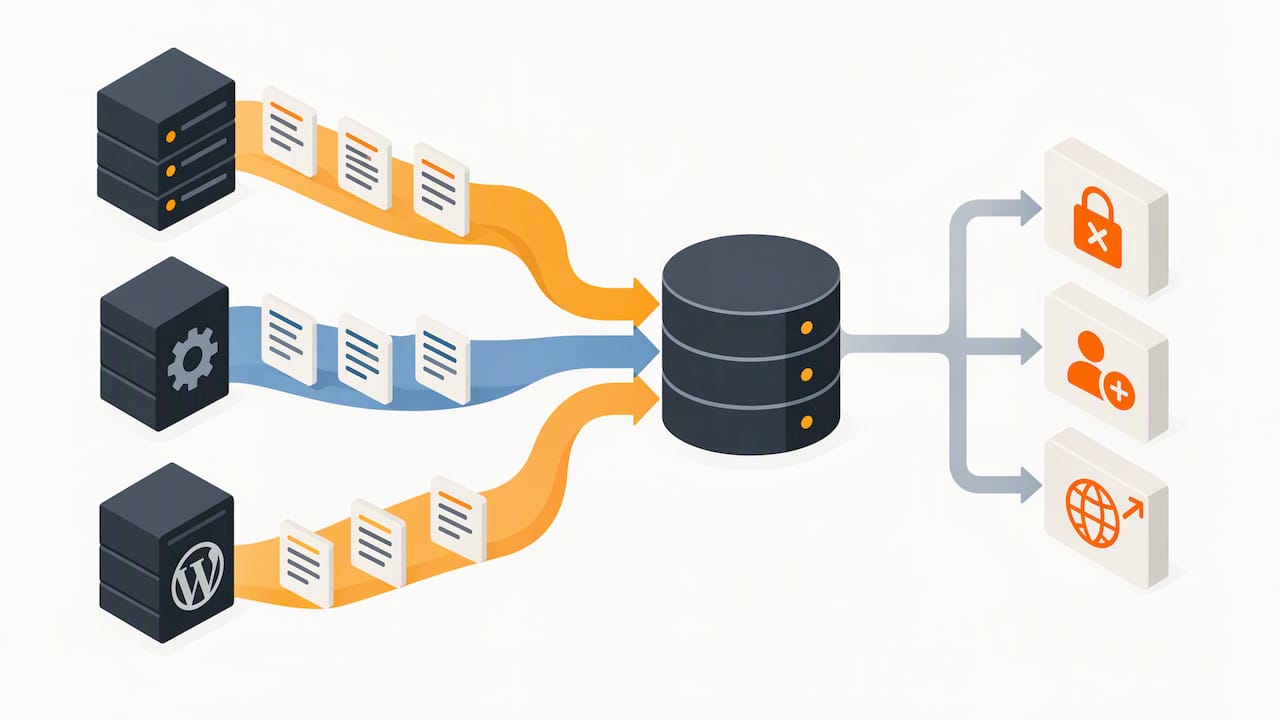 Centralized logs revealing WordPress security anomalies