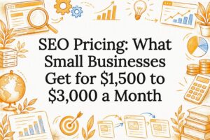 SEO pricing title card with sketched web tools