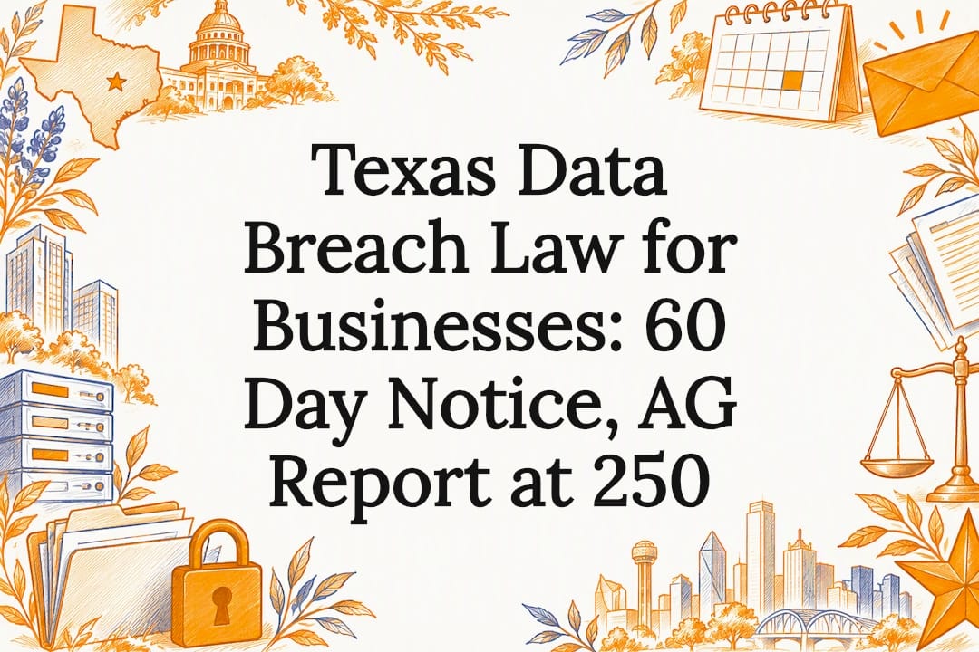 Sketch-style Texas data breach law title card