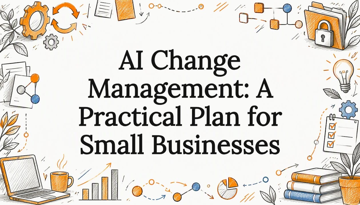 Sketch accents frame an AI change management title