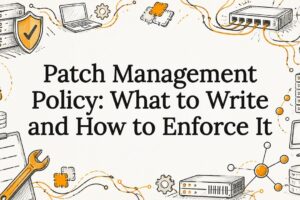 Patch policy title card with ink sketches