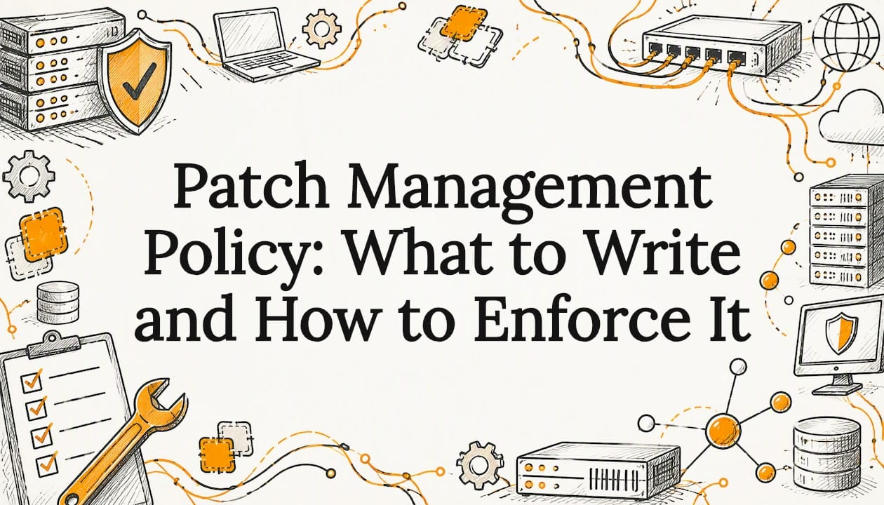 Patch policy title card with ink sketches