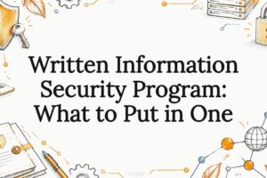Hand-drawn security objects frame the title