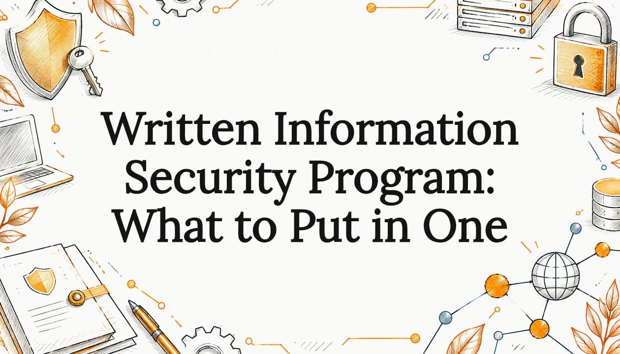 Hand-drawn security objects frame the title